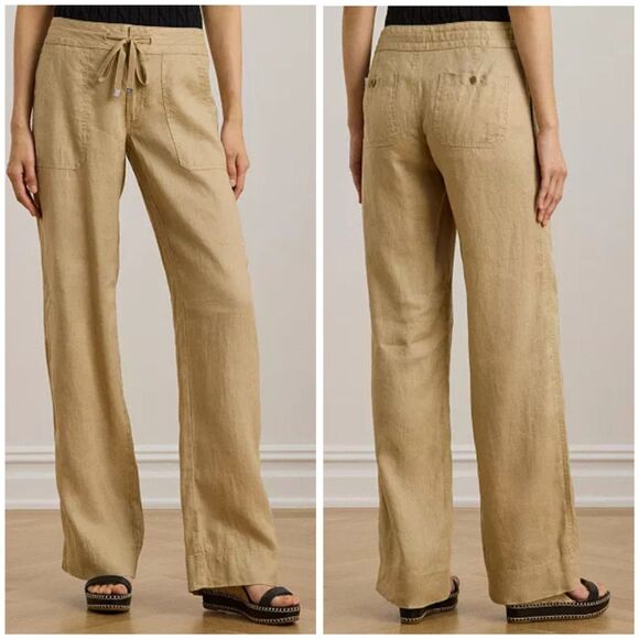 LRL Ralph Lauren 100% Linen Wide Leg Pants Beige Tan Casual Preppy Womens 8 - Picture 1 of 13